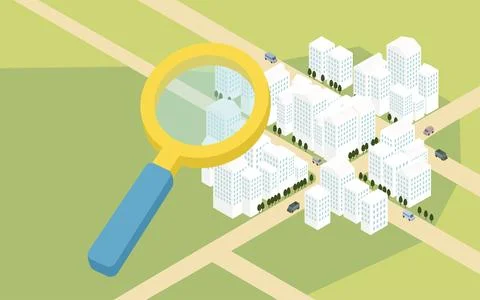 Image of property search, isometric illustration of building street from a Ilustración de archivo