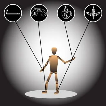 The image of a puppet and icons, symbolizing dependencies. Vector illustration Stock Illustration