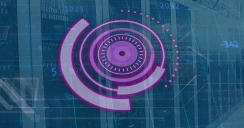 Image of purple circle with data over servers Stock Photos