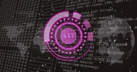 Image of purple circle with numbers over data and world map Stock Illustration