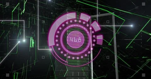 Image of purple circle with numbers over space with green lines Stock Illustration