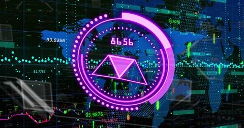 Image of purple circle with numbers over graphs and world map Stock Illustration