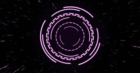 Image of purple circular interfaces pulsating and spinning over specks on black Stock Illustration