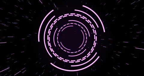 Image of purple circular interfaces pulsating and spinning over specks on black イラスト素材