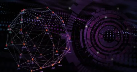 Image of purple circular scanner and global network processing data on black Stock Photos
