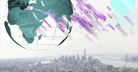 Image of purple lines, moving clocks and globe over cityscape 스톡 일러스트