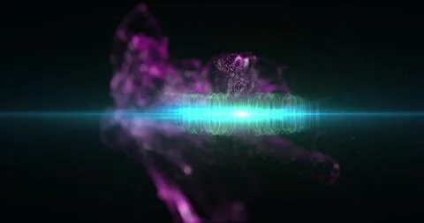 Image of purple particles mesh over light trails background 스톡 일러스트