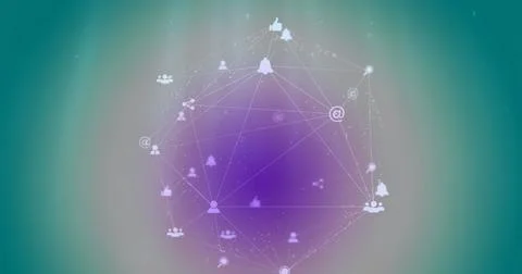 Image of purple pattern in connected icons forming globe against blue backg.. Stock Photos