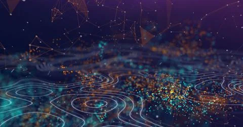 Image of purple plexus networks over digital waves against blue background Stock Photos