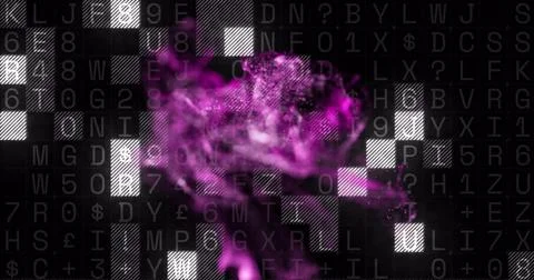 Image of purple spots over data processing on black background 스톡 사진