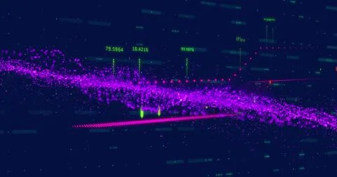 Image of purple wave pattern and green dots forming line graph over trading Stock Illustration
