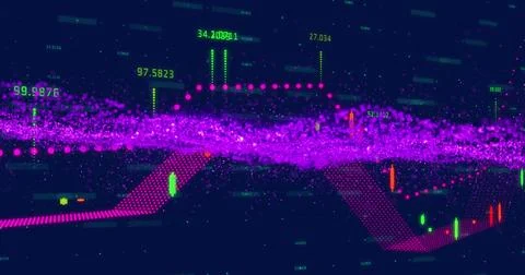 Image of purple wave pattern and green dots forming line graph over trading Stock Illustration