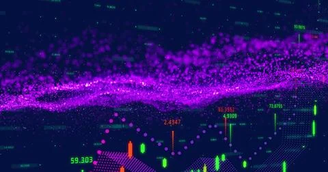 Image of purple wave pattern and green dots forming line graph over trading Stock Illustration
