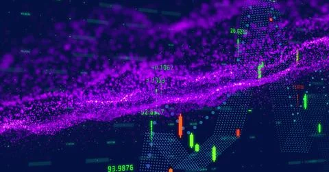 Image of purple wave pattern and green dots forming line graph over trading Stock Illustration