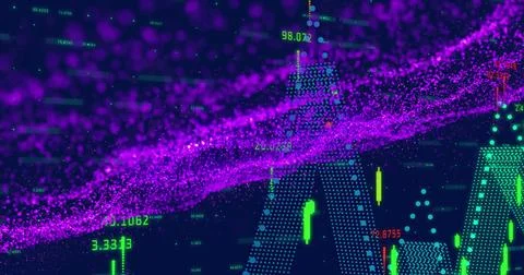 Image of purple wave pattern and green dots forming line graph over trading Stock Illustration