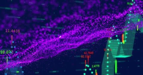 Image of purple wave pattern and green dots forming line graph over trading Stock Illustration
