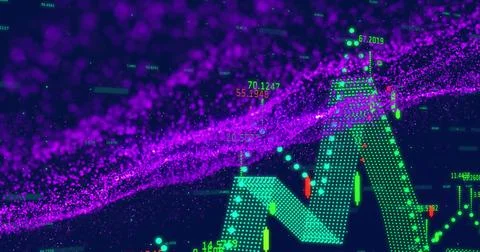 Image of purple wave pattern and green dots forming line graph over trading Illustrazione stock