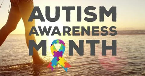 Image of puzzle elements forming ribbon autism awareness month symbol with woman Stock Photos