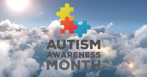 Image of puzzle elements forming square autism awareness month symbol with sun, Stockfoto's