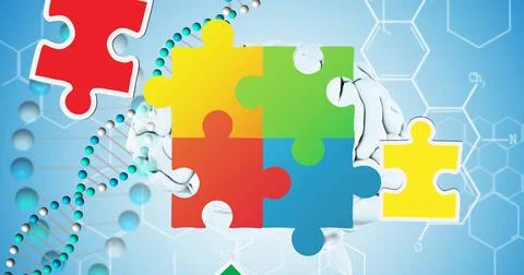 Image of puzzles falling over square formed with puzzles, dna strand and human Stock Illustration