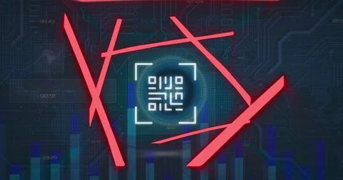 Image of qr code in abstract pattern over hud interface against blue background 写真素材