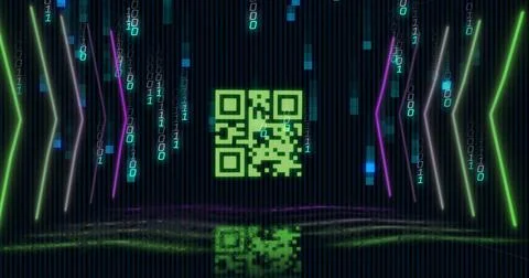 Image of qr code and binary coding digital data processing 스톡 사진