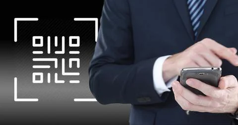 Image of qr code and businessman using smartphone Stock Photos