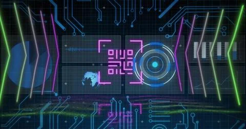 Image of qr code and computer circuit board over data processing on black Stock Illustration