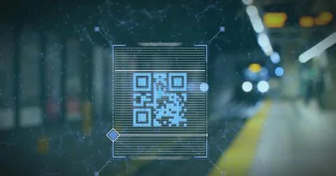 Image of qr code and connections over train platform Stock-Fotos