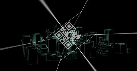 Image of qr code and data processing over city 스톡 일러스트