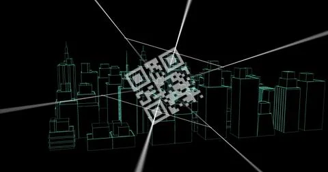 Image of qr code and data processing over city Illustrazione stock