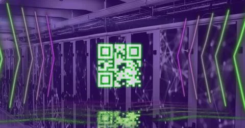 Image of qr code and data processing over computer servers Stockillustratie
