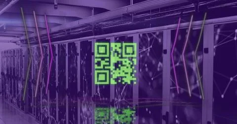 Image of qr code and data processing over computer servers Illustrazione stock
