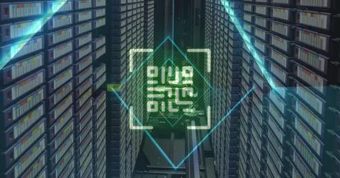 Image of qr code and data processing over computer servers Stock Photos