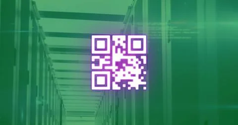 Image of qr code and data processing over server room Foto stock