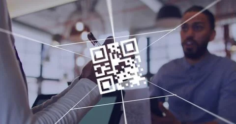 Image of qr code and digital interface over diverse couple using technology Stock Photos