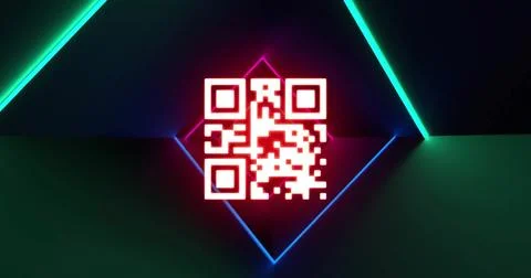 Image of qr code and glowing neon light trails Foto stock