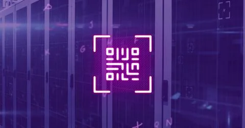 Image of qr code and letters over computer servers in background 写真素材