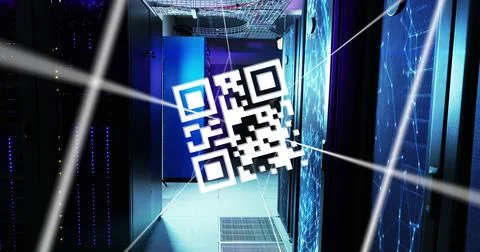 Image of qr code and lines over servers Illustrazione stock