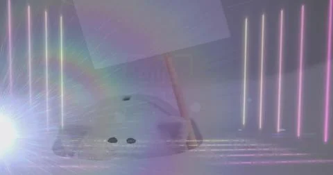 Image of qr code and lines with lens flares against abstract background Stock Photos