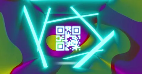 Image of qr code and neon lines over background with changing colorful shapes Stock Illustration