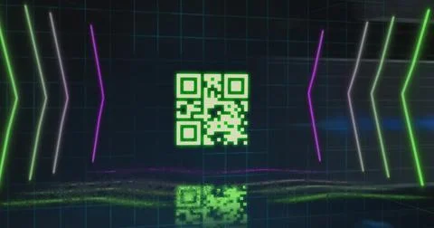 Image of qr code and neon lines on black background Stock Illustration