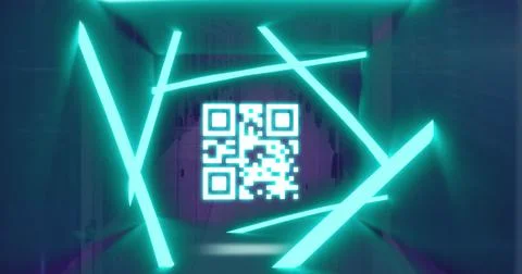 Image of qr code and neon shapes over computer servers Foto stock