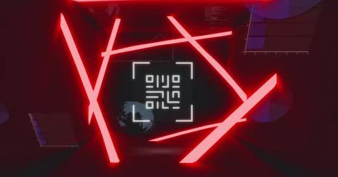 Image of qr code and neon lines in digital space Stockfoto's