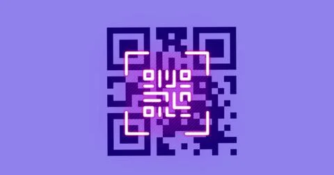 Image of qr code and neon qr code on purple background Stock Photos