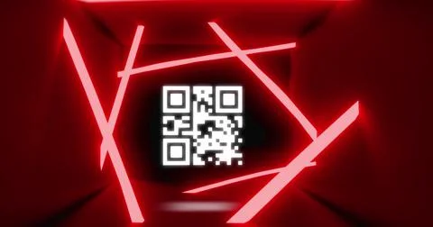 Image of qr code and neon lines on black background Stock Photos