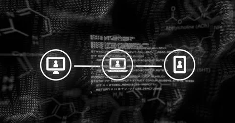 Image of qr code and network of connections over black background Illustrazione stock