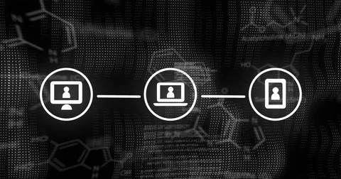 Image of qr code and network of connections over black background Stockillustratie