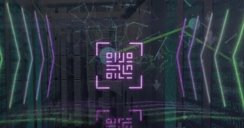 Image of qr code and network of connections over server room Stock Photos