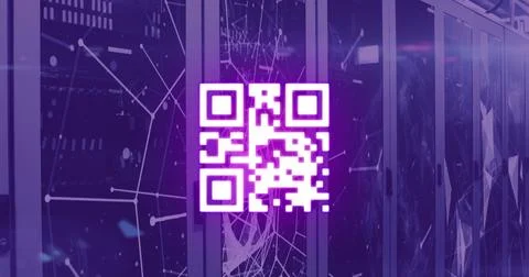 Image of qr code and network of connections over server room Stock Photos